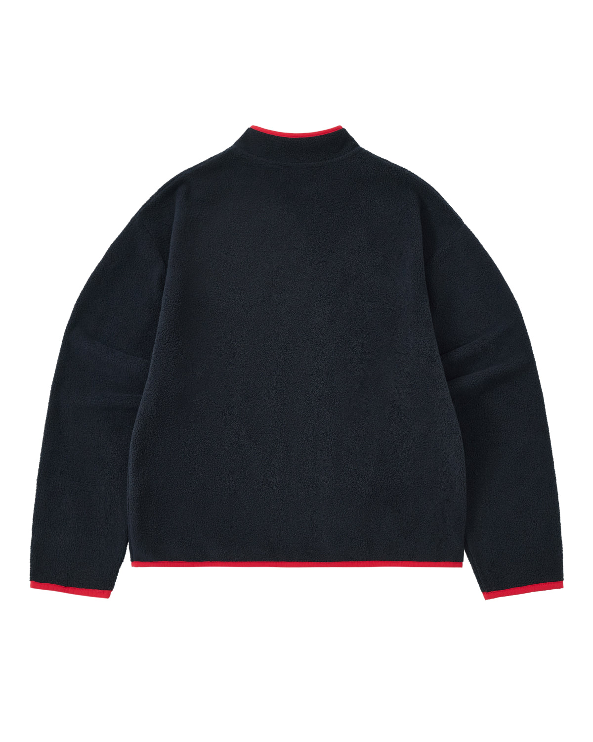 A navy long-sleeve cozy fleece jacket from Sundae School shown from the back, featuring teardrop knot details and red trim on the collar, cuffs, and hem.