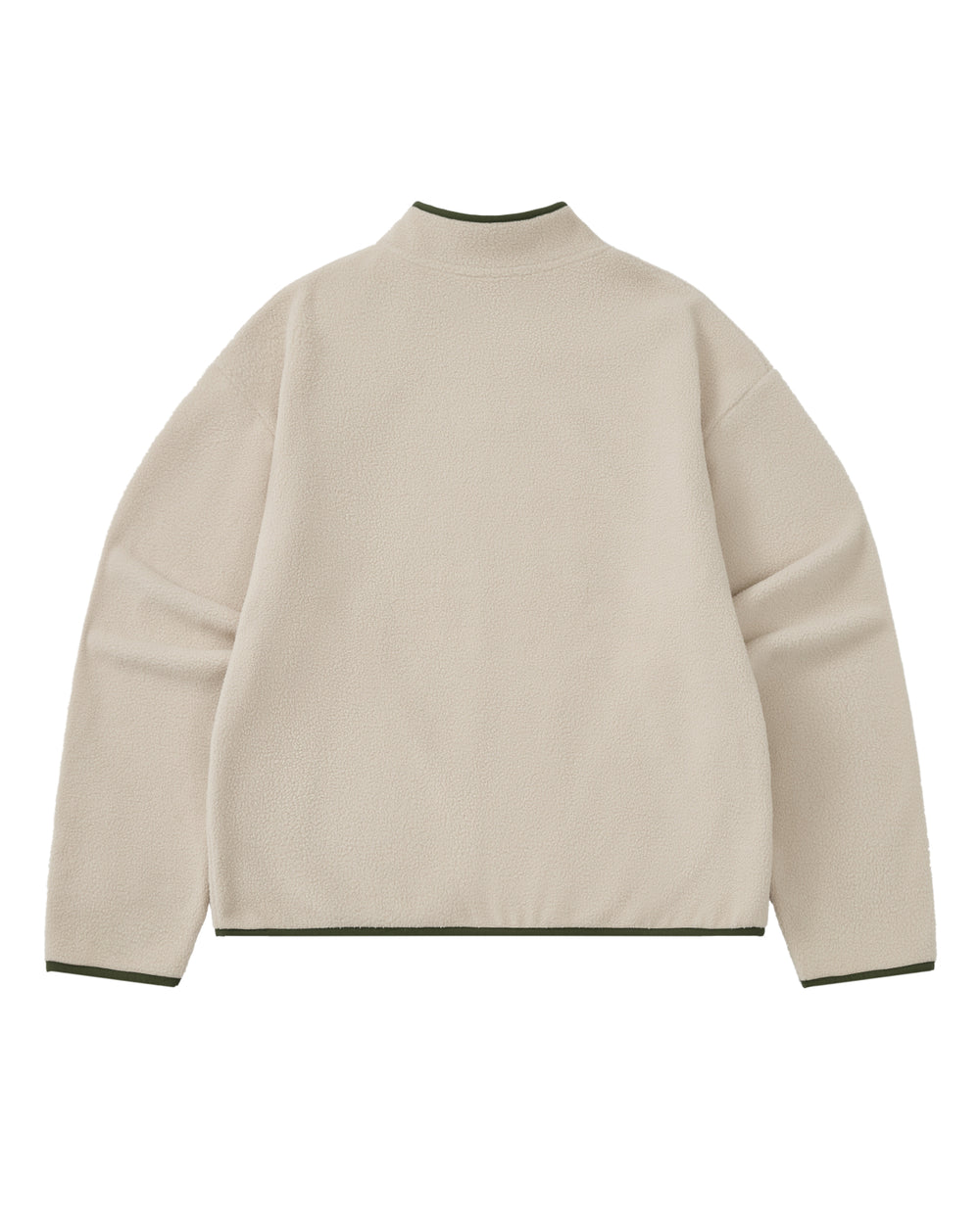A TAUPE TEARDROP KNOT FLEECE by Sundae School laid flat and shown from the back. This cozy jacket features dark green trim on the collar, cuffs, and hem, adding an East Asian-inspired touch to the classic fleece.