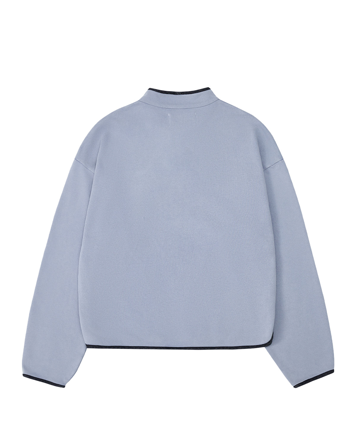 The SKY BLUE TEARDROP KNOT SWEATSHIRT by Sundae School is shown from the back, featuring a high collar and black trim on the collar, cuffs, and bottom hem. Made from 100% cotton for a soft feel, this sweatshirt offers a relaxed, boxy fit.