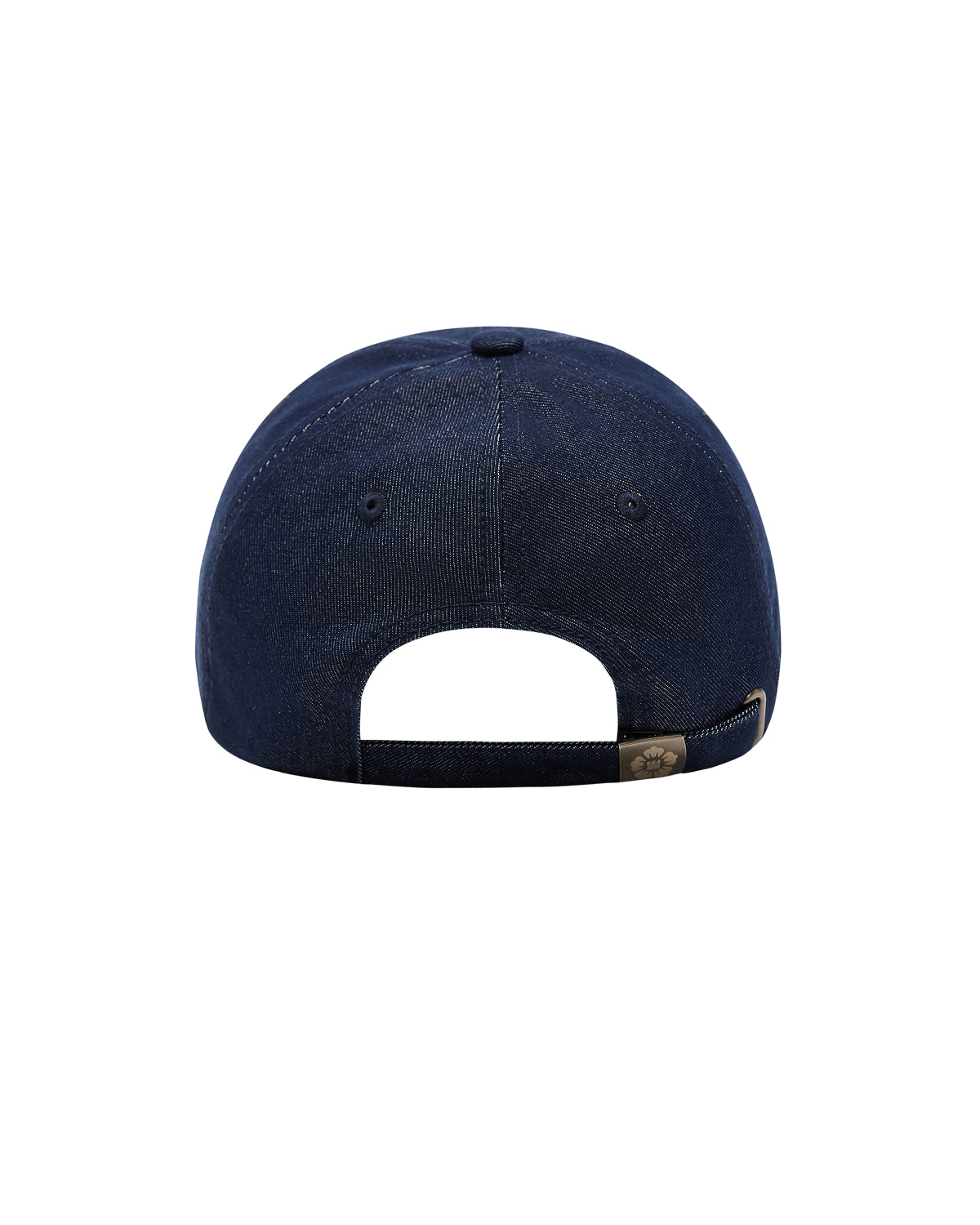 The Sundae School TIGER DEN CAP is pictured from the back, featuring a dark blue denim finish with a fabric strap and metal clasp for size adjustment. Crafted from a premium cotton blend, the hat is set against a white background.