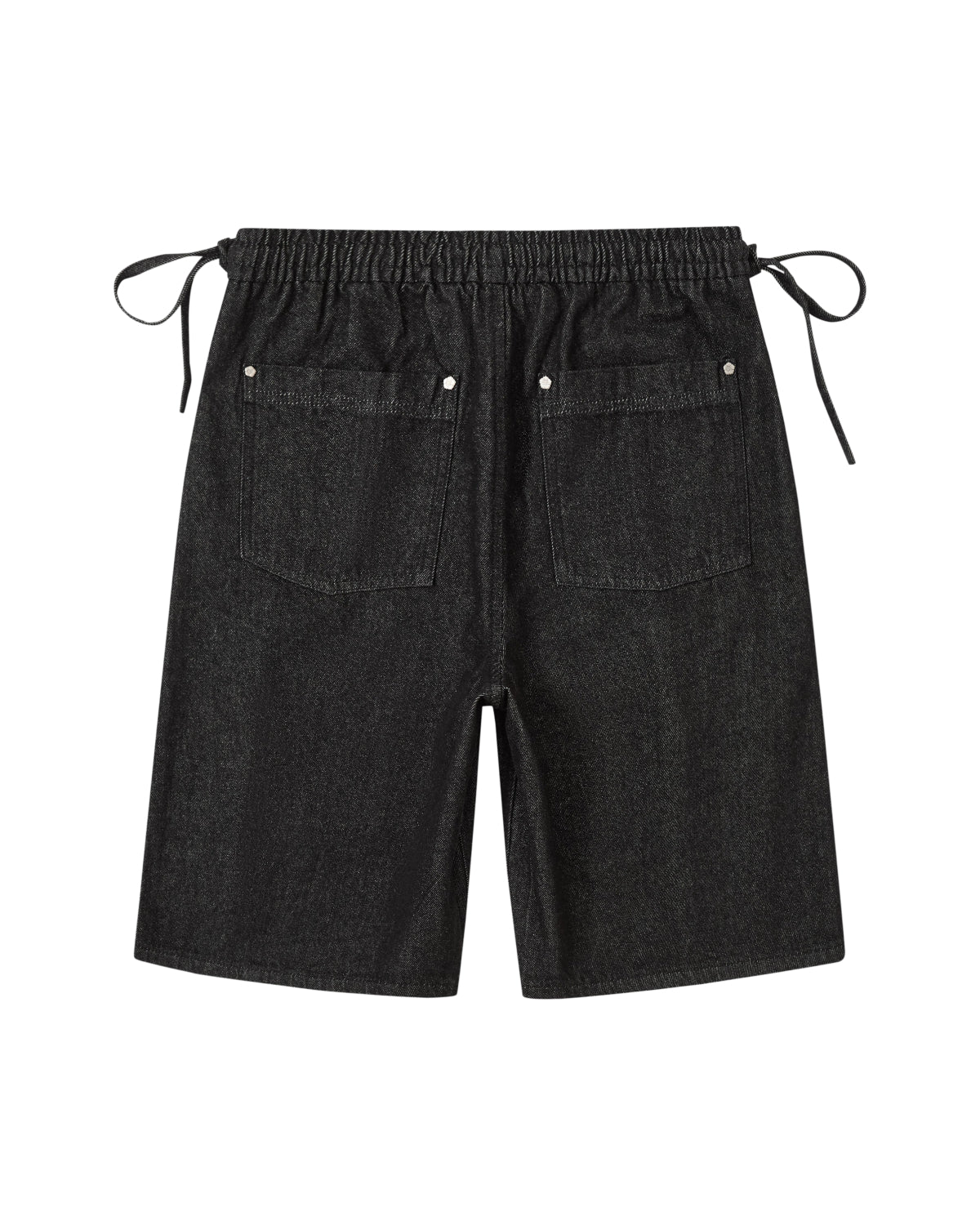 Back view of the BLACK VITA JORTS by Sundae School featuring black pleated denim, an elastic waistband, two back pockets with rivet details, a wide-leg silhouette, and adjustable side ties.