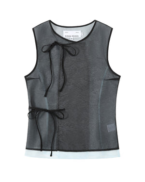 Sleeveless sheer black organza vest with black trim, two front Korean goreum ties at the neck and waist, and a white inner lining. The label inside reads Sundae School VITA ORGANZA VEST.