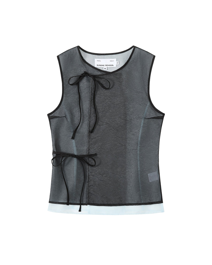 Sleeveless sheer black organza vest with black trim, two front Korean goreum ties at the neck and waist, and a white inner lining. The label inside reads Sundae School VITA ORGANZA VEST.