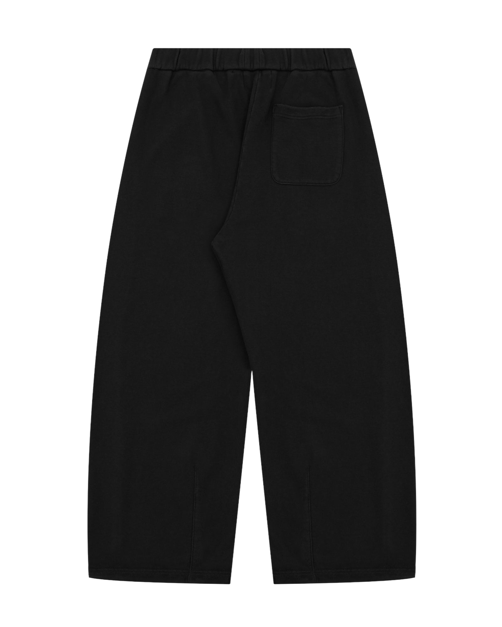 BLACK WASH WRAP SWEAT BAJI by Sundae School, featuring a wide-leg cotton silhouette with an elastic waistband and a single back pocket, displayed flat on a white background.