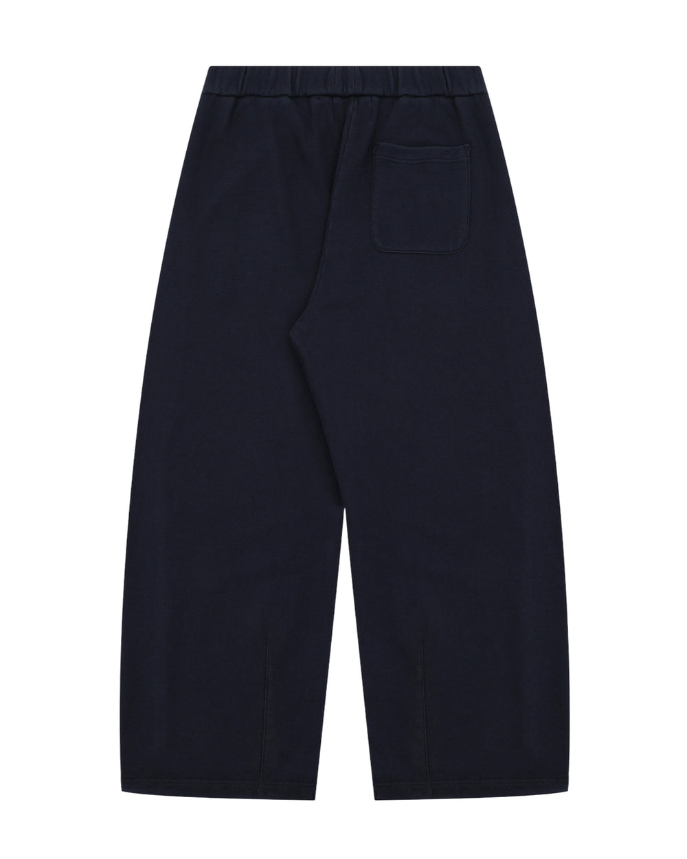 A pair of Sundae School NAVY WASH WRAP SWEAT BAJI, loose-fitting cotton sweatpants in dark navy blue with a single back pocket, displayed flat on a white background.