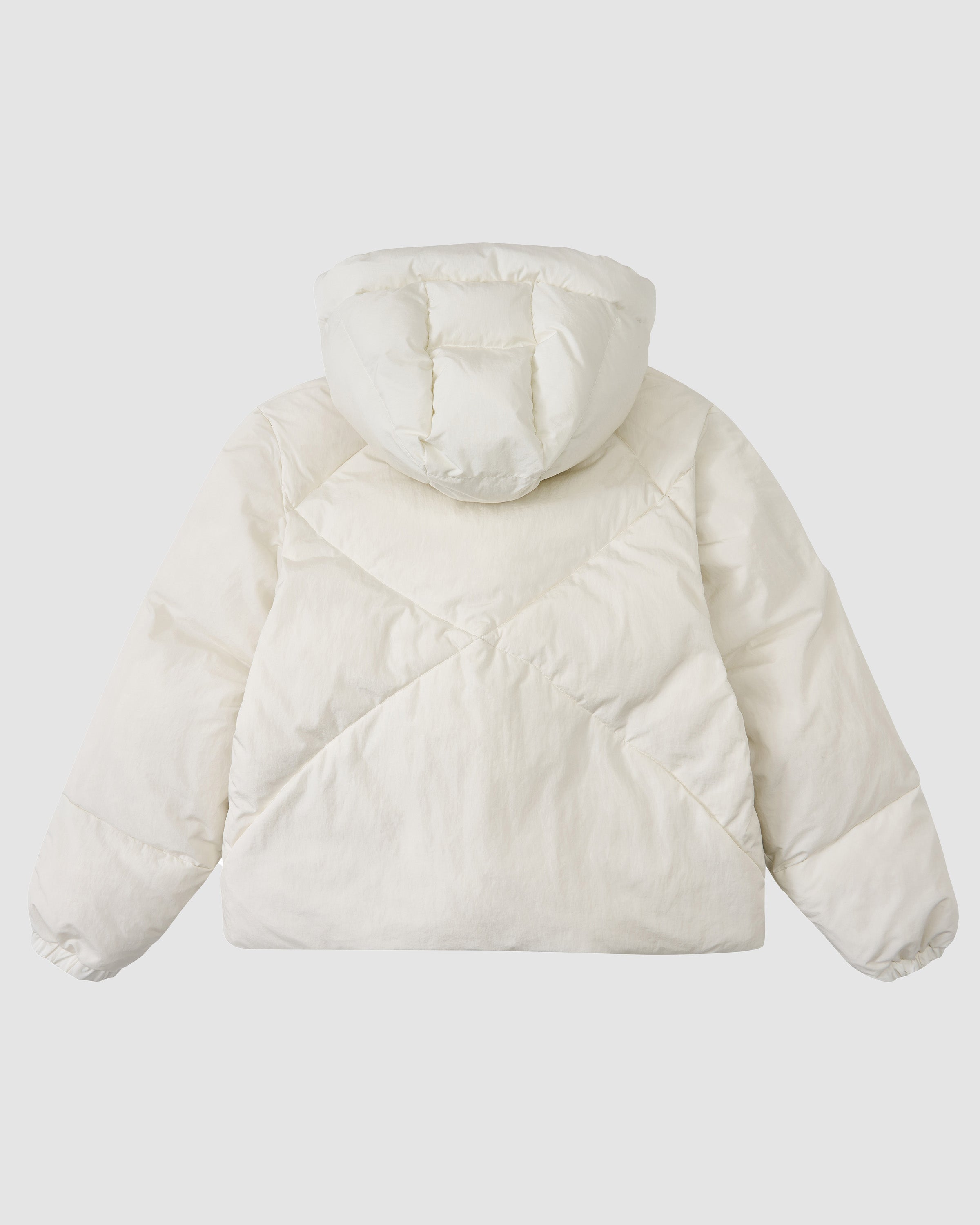 The IVORY LIME ORIGAMI PUFFER by Sundae School is a white hooded puffer jacket, shown from the back, with quilted stitching and elastic cuffs.