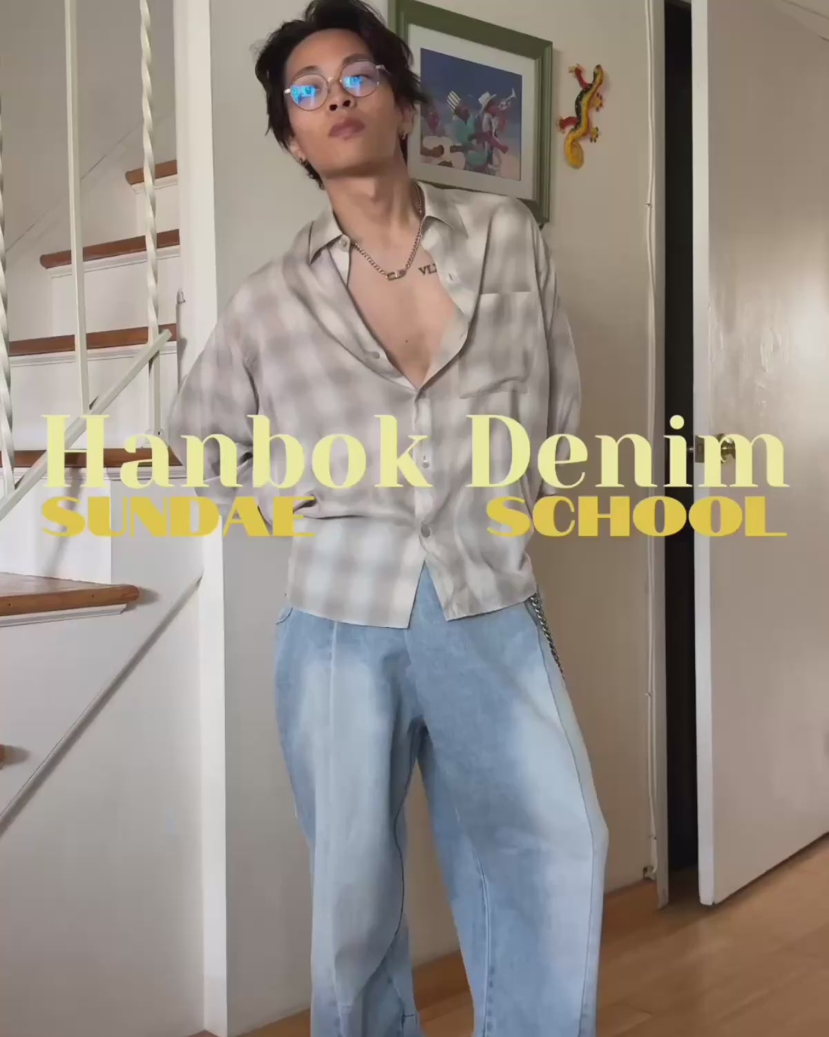 A fashion lookbook showcasing light-wash Hanbok denim jeans from Sundae School. A model demonstrates versatile styling ideas—pairing the relaxed-fit jeans with layered shirts, blazers, crop tops, and tank tops—while highlighting design details like flower-engraved buttons, a branded leather patch, and button-adjustable ankle cuffs.
